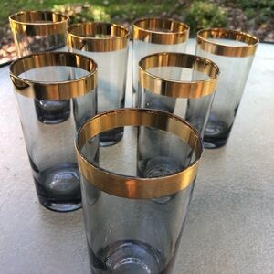WOW SET of 7 MCM Thick Gold Rim Smokey Glass Highball Tumblers. NICE!!!